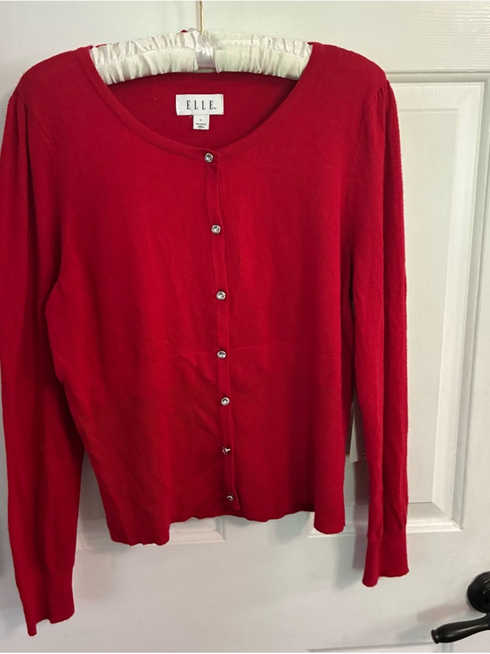 ELLE Bright Red Button-Front Crewneck Cardigan